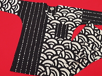 義若オリジナルの鯉口シャツ（ダボシャツ）ダボズボン　青海波と縞豆絞り　黒グレー